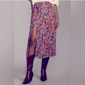 Anthropologie The Lille Side-Slit Midi Skirt by Maeve Pink Floral Size 14